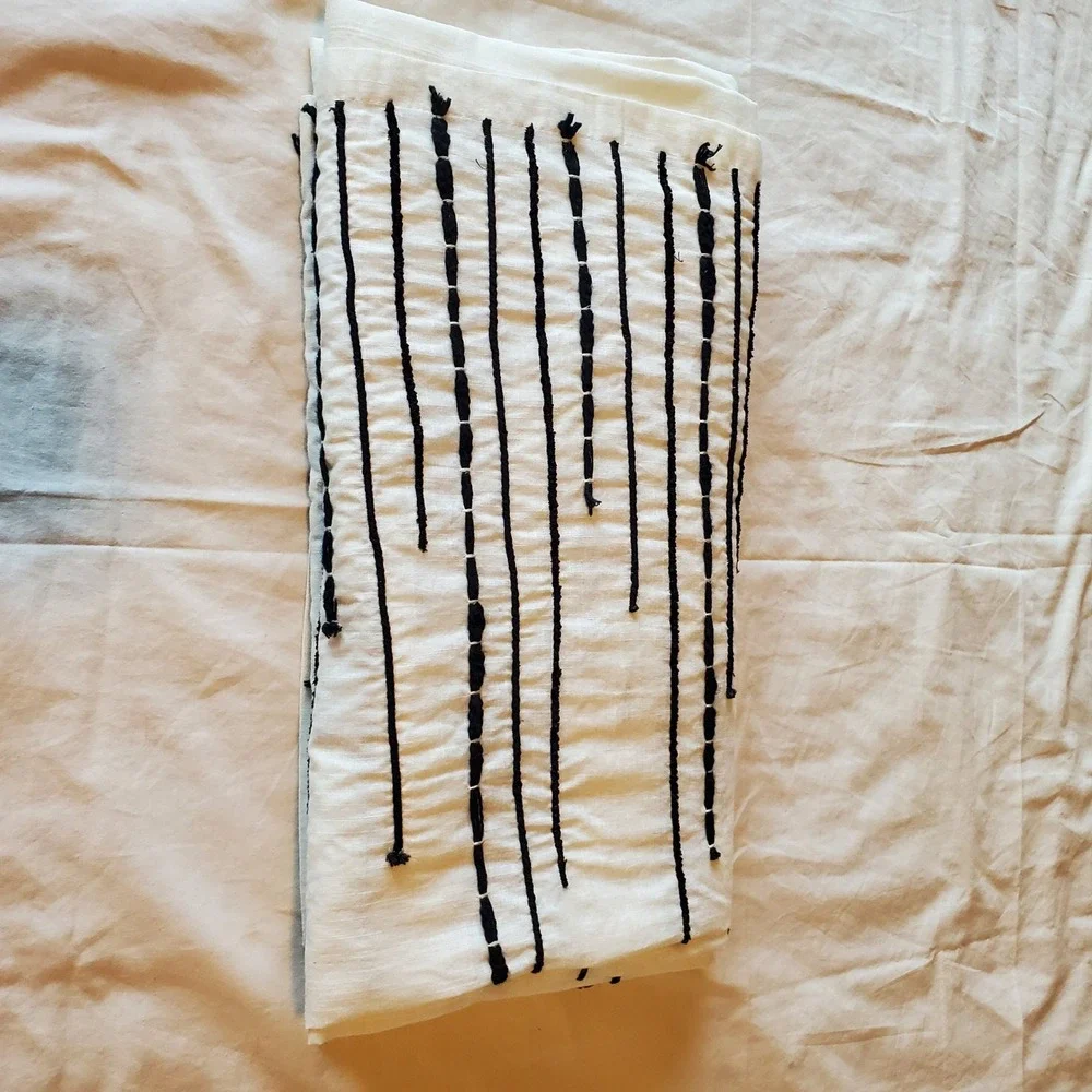 World Market White Black Tufted Stripe 100% Cotton Shower Curtain 72x72 NEW